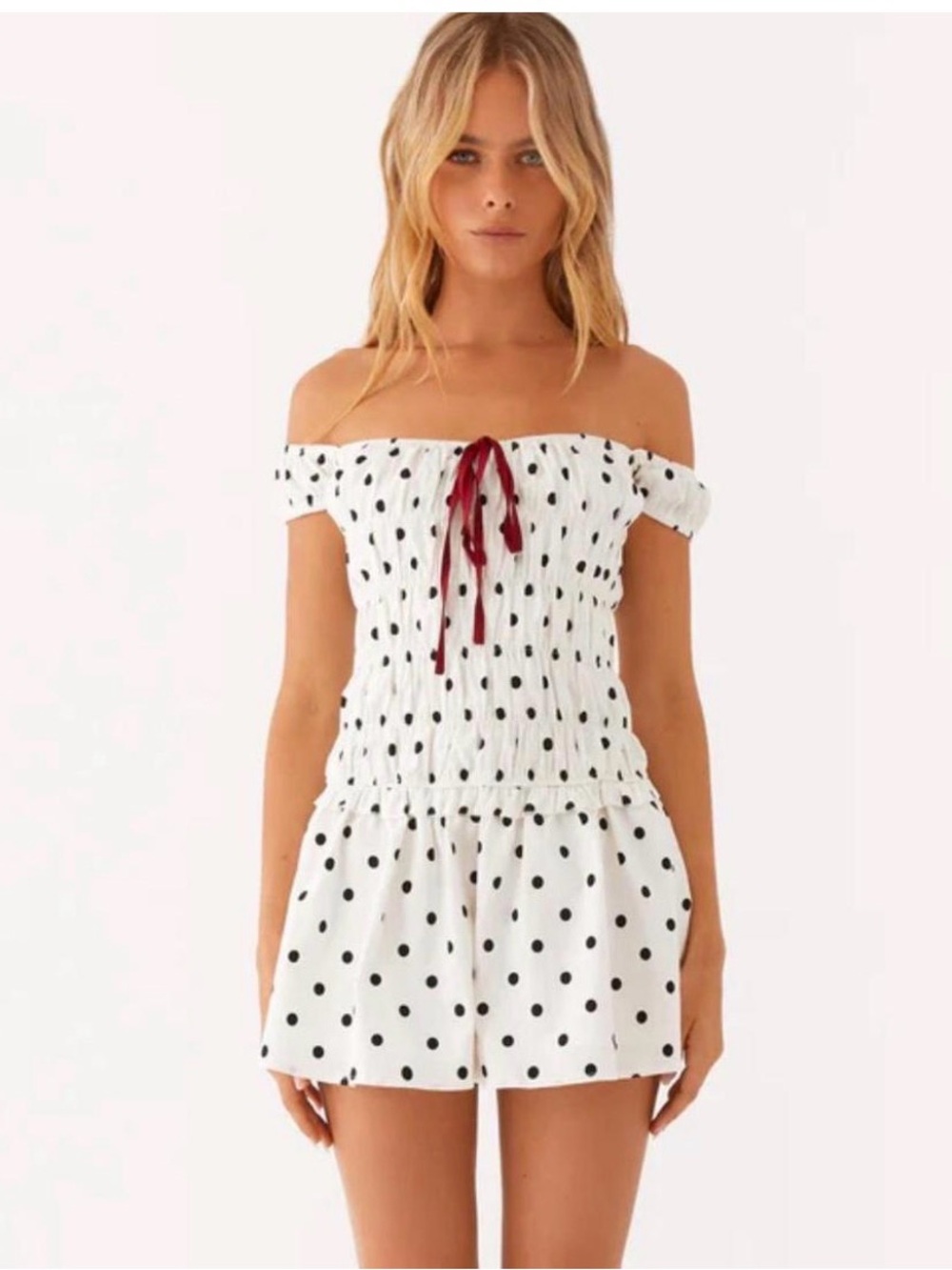Peppermayo White Polka Dot Mini Dress with Red Tie - Picture 3 of 3